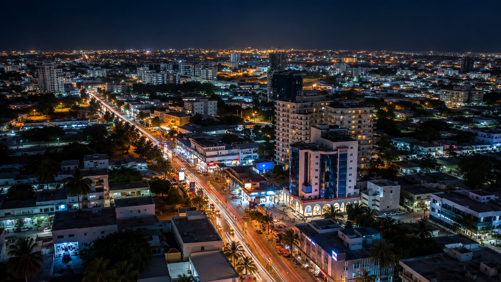Mogadishu city skyline and illuminated roads at night