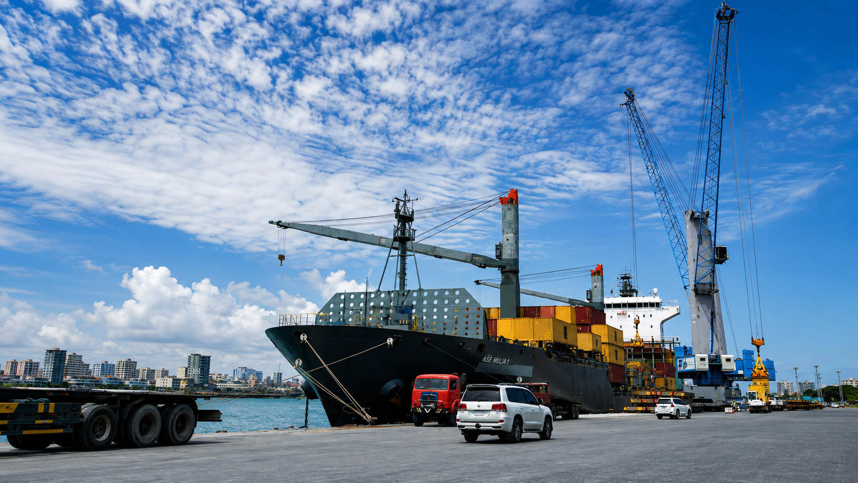 Busy port terminal with container cranes and stacked cargo containers