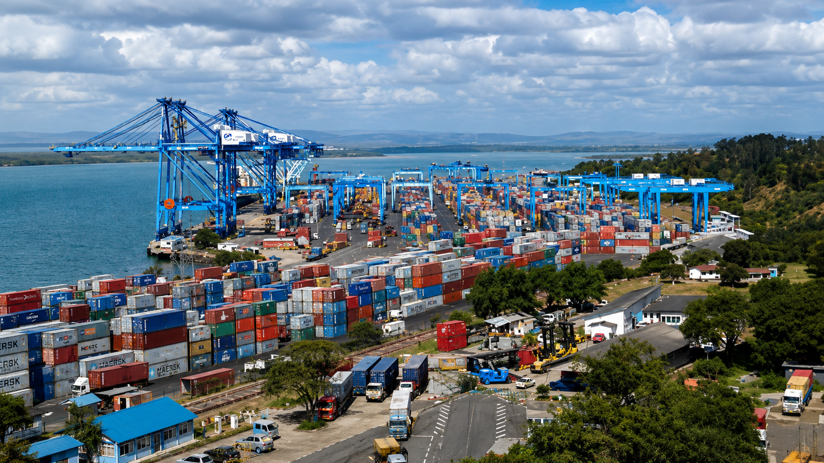 Port terminal with cargo ship and container cranes