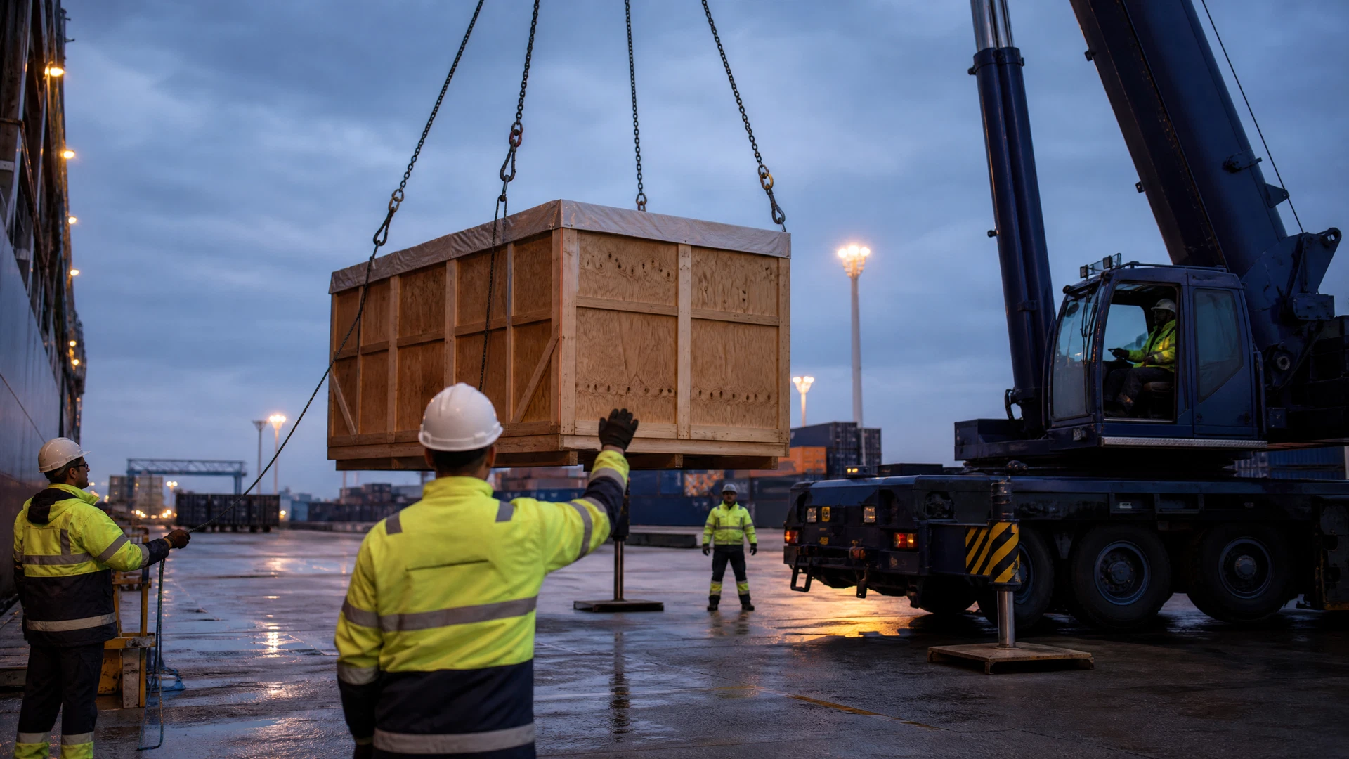 Workers guiding a large crate during a controlled crane lift