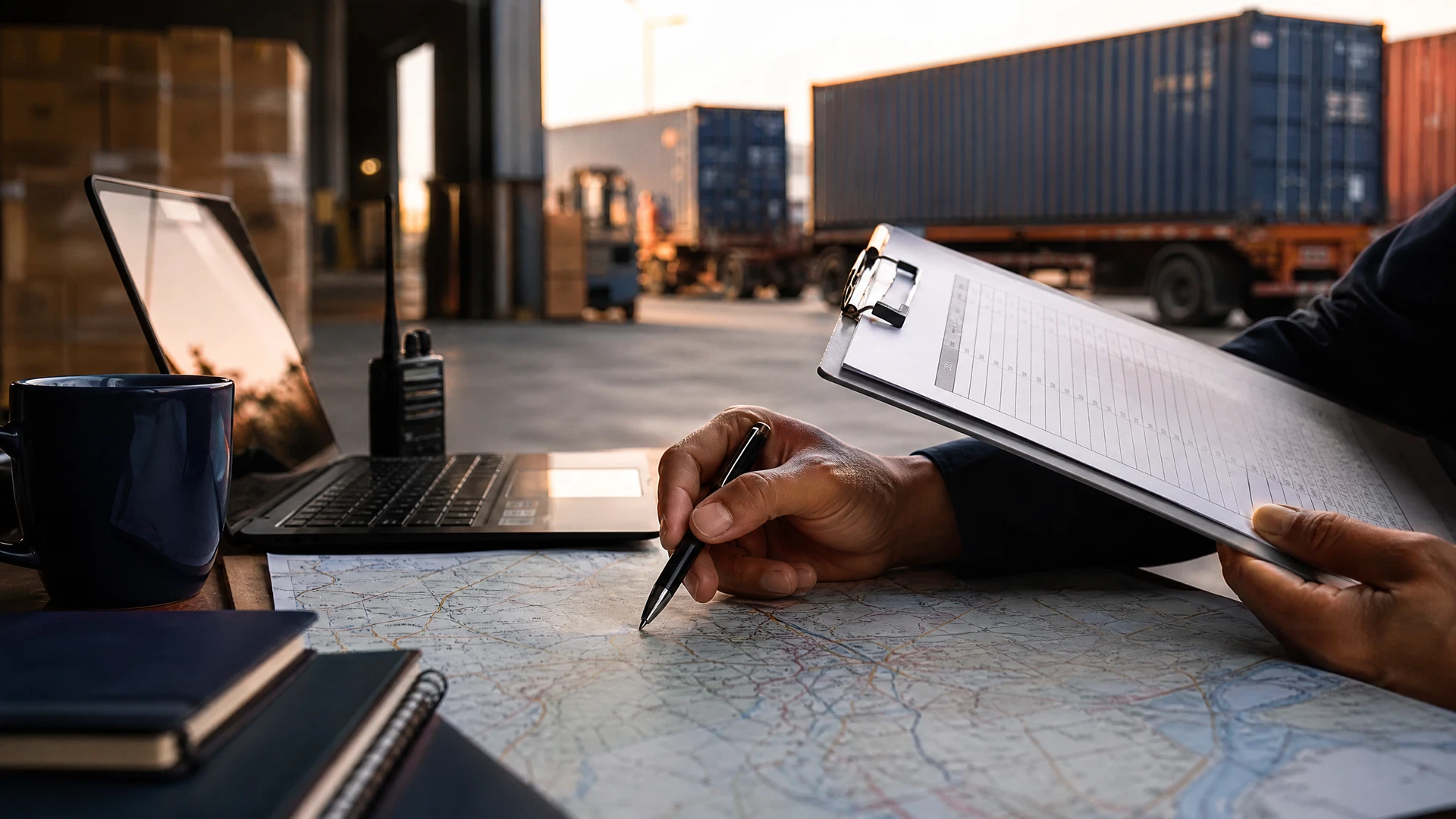 Dispatcher reviewing a route map and shipment checklist