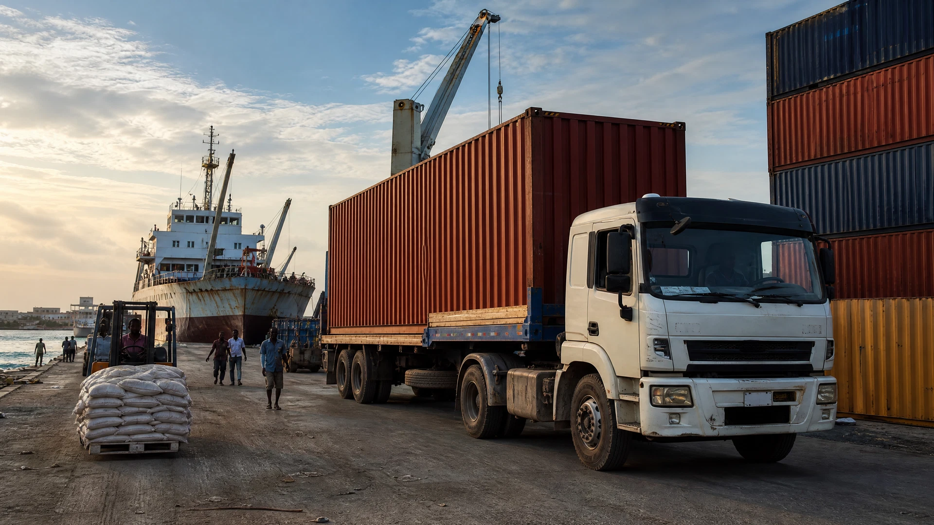 Heavy-duty truck and containers in a coastal freight scene